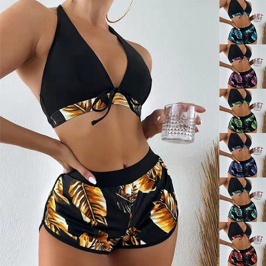 3pcs Leaf Print Bikini With Shorts Fashion Summer Beach Swimsuit